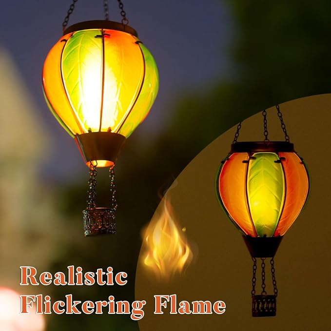 Hanging Solar Hot Air Balloon Lantern with Flame, Glass Hot Air Balloon Solar Lantern Outdoor Waterproof, Solar Powered Hot Air Balloon Lantern Decorative for Outside Garden Yard (Orange)