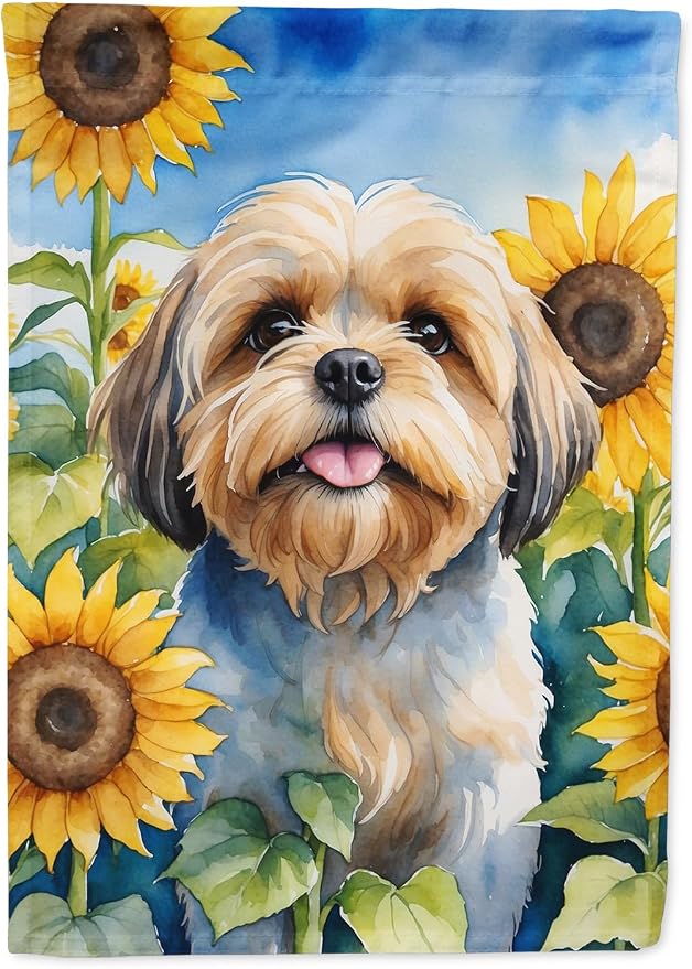 Caroline's Treasures DAC6116CHF Lhasa Apso in Sunflowers House Flag Large Porch Sleeve Pole Decorative Outside Yard Banner Artwork Wall Hanging, Polyester, House Size, Multicolor