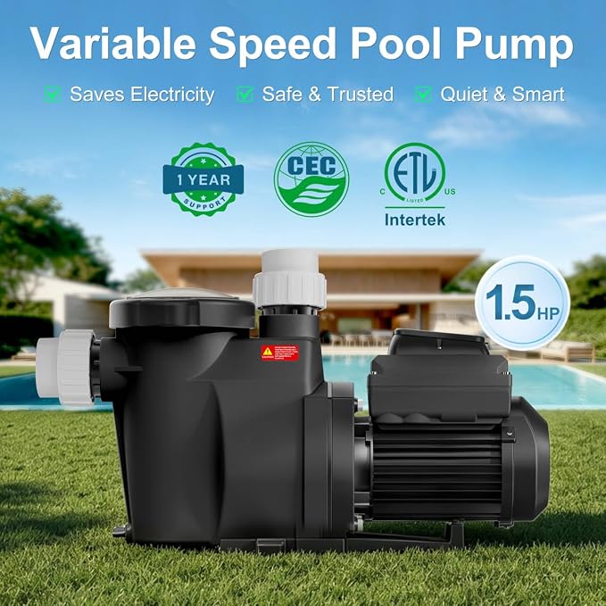 Variable Speed Pool Pump 1.5HP, Inground Pool Pump | with CEC Certified & ETL, Energy Efficient, Ultra Quiet, Built-in Timer, High Flow, Self-Priming, 230V, 1-Year Warranty