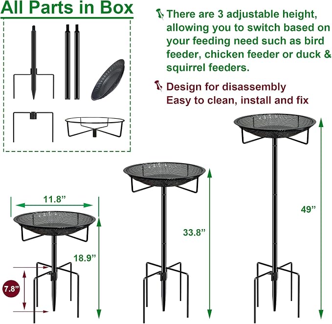 Standing Bird Feeder Tray,11.8" Stainless Steel Large Platform Bird Feeder Mesh Seed Tray with Adjustable Heavy Duty Stand Birds Feeder Pole for Outside Wild Birds in Garden Backyard