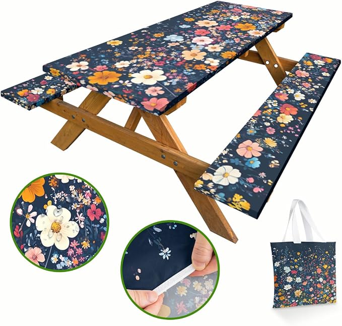 French Flowers Picnic Table Cover with Bench Covers and Carrying Bag, Vintage Berry Garden Rectangle Table Cover Outdoor Patio Camping Essentials 72 inch 4PCS Camping Fitted Tablecloth