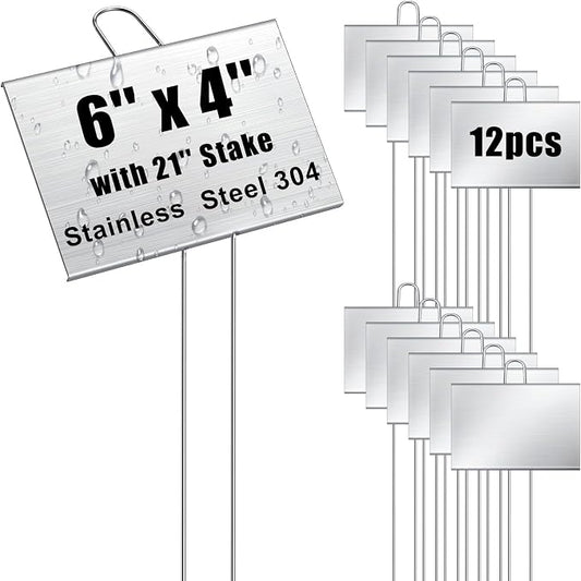 Landhoow 12 Pcs Large Garden Plant Markers Metal Plant Labels Sign 4'' x 6'' with 21'' Stake Weatherproof Waterproof Garden Sign for Outdoor Tree Seedlings Herbs Vegetable Greenhouse, Silver