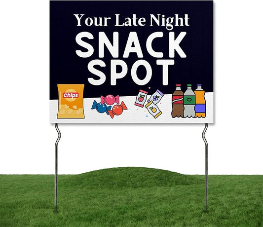Your Late-Night Snack Spot! Yard Sign by DC | 24"x18" Double Sided Conv. Store Garden Sign with 13” Metal Stakes | Outdoor Signs Waterproof for Lawn, Patio, Sidewalk & House | Set of 1 | Made in USA