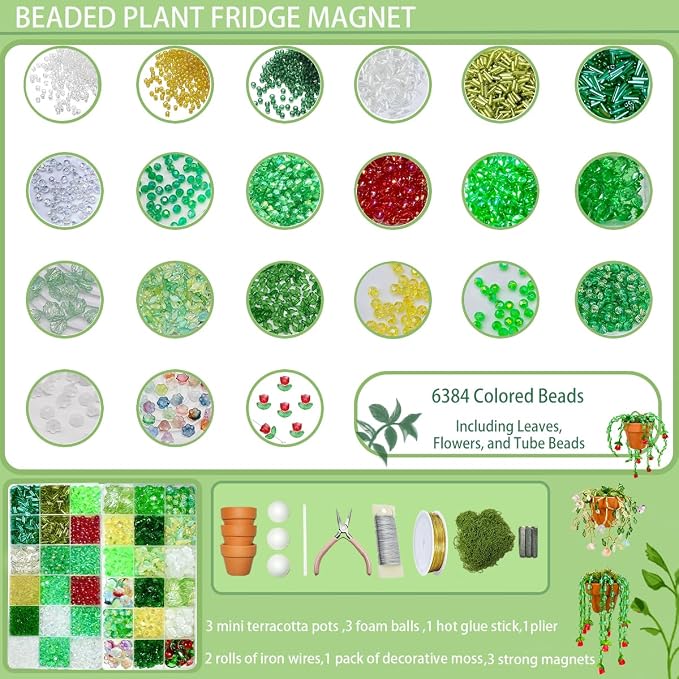 TIMECOSY 6384pcs Beaded Plants Kit Magnets for Fridge, Green Beads Leaf Glass Flowers for Succulent Plant Lover Jewelry Making DIY Craft Gifts Colorful Dangling Charms Sun Catchers Window Home Décor