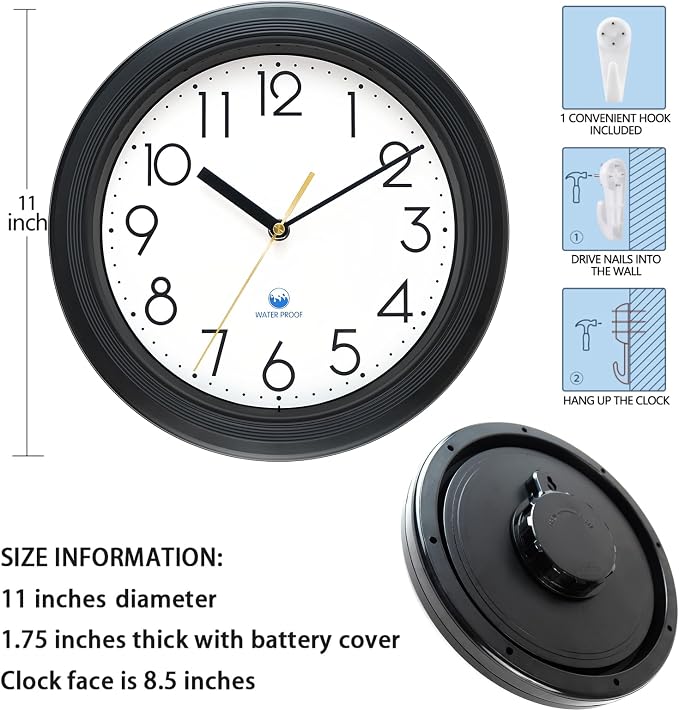 Caysie 11 Inch Sealed Indoor Outdoor Waterproof Wall Clock, Durable Silent Non-Ticking Battery Operated Quality Quartz Round Clock, Wall Decorative for Patio, Pool, Bathroom (Black)