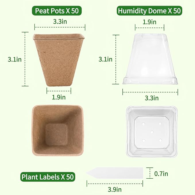 50-Set Seed Starter Kit (150 PCS Total), 3" Square Biodegradable Peat Pots with 50 Humidity Domes & 50 Labels, Nursery Pots for Fall Garden & Indoor Herb Seedlings Germination