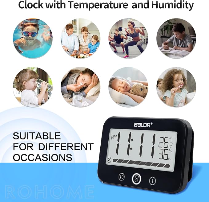 Waterproof Hanging Bathroom Wall Clock with Timer, Large Digital Shower Mirror Suction Clock Thermometer Hygrometer, Visual Kitchen Cooking Countdown Timer, Bath Temperature Humidity Meter (Black)