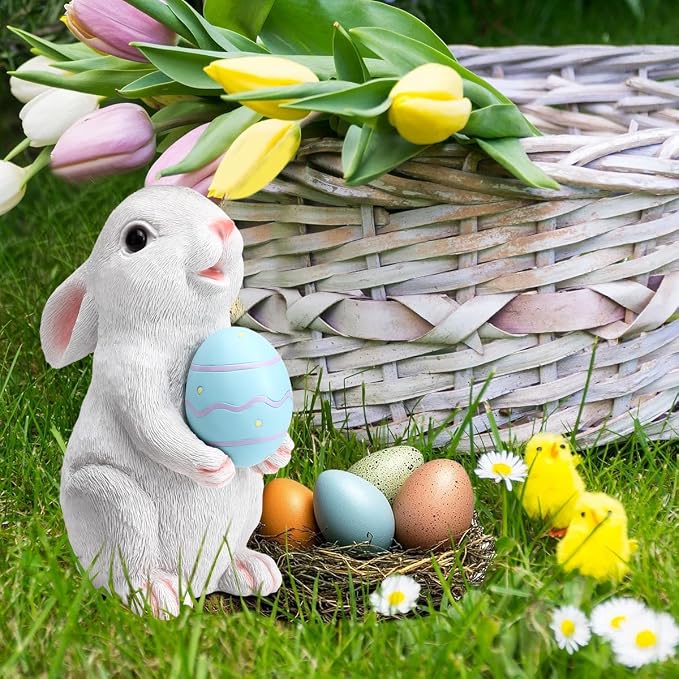 Solar Easter Rabbit Garden Statues Outdoor Easter Decorations Resin Bunny Figurine with Egg Changing LED Lights for Porch Patio Lawn Yard Gardening Gifts for Mom Grandma