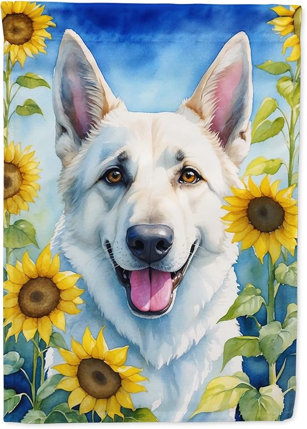Caroline's Treasures DAC6083CHF White German Shepherd in Sunflowers House Flag Large Porch Sleeve Pole Decorative Outside Yard Banner Artwork Wall Hanging, Polyester, House Size, Multicolor