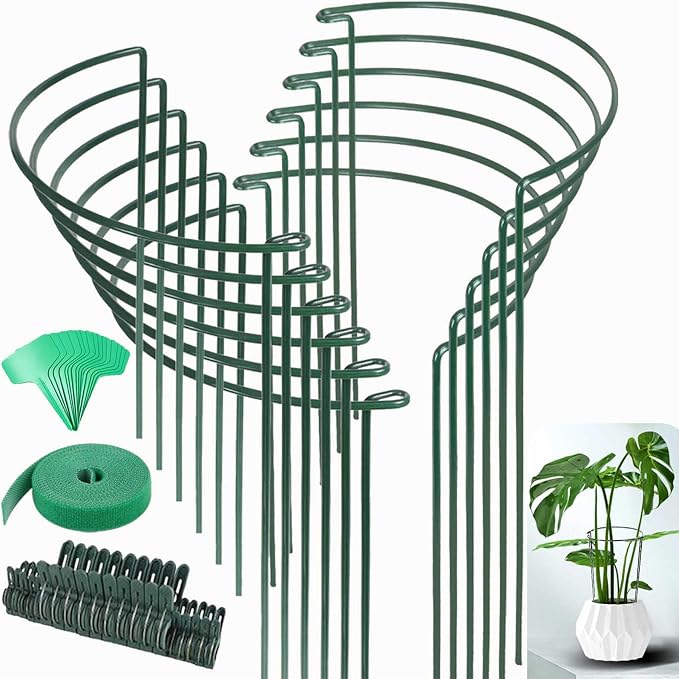 12 Pack Plant Support Stakes, Size 10"x16", Come with 15 Pcs Plant Labels, 20 Pcs Plant Clips, 7ft Plant Ties, Metal Garden Peony Cages and Supports for Potted Plants Tomato Hydrangea