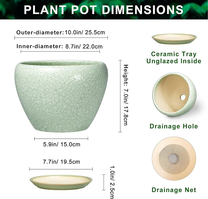 10 Inch Ceramic Planter, Crackle Light Green | Drainage Hole and Saucer, Indoor Outdoor Use, Round Shape, Room Decor