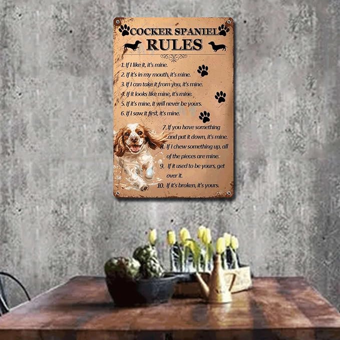 Metal Sign Tin Sign Vintage Wall Art Cocker Spaniel Rules Gardening Sign for Restaurant 12×16 Inches