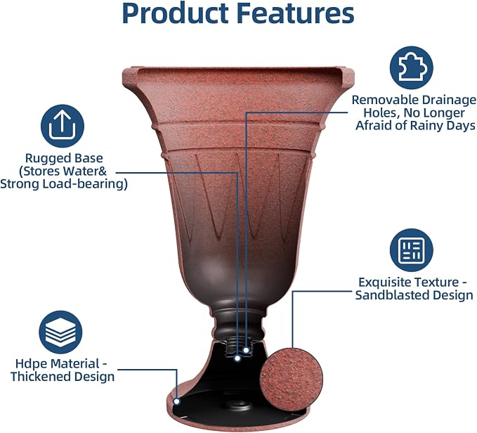 Tall Urn Planters for Outdoor Plants Set of 2-23.6" H Vintage Trophy Outdoor Planters for Porch Decor with Drainage Hole, Indoor Large Flower Pots, Pedestal Planter/Garden Vase, Brick Red