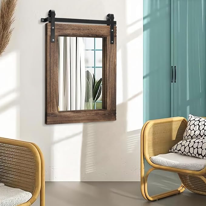 AAZZKANG Rustic Wood Mirror Rectangle Decorative Wall Mirror Large 26"x18" with Frame Bedroom Living Room Bathroom Hanging Mirror
