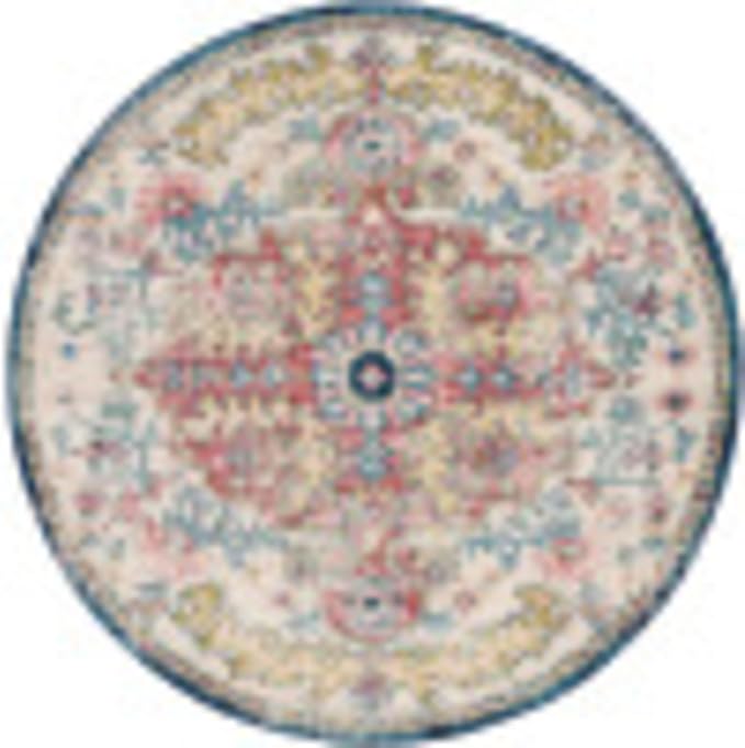 Livabliss Area Rugs - 7ft Round Odelia Vintage Boho Aqua Burgandy Blue Round Area Rug for Living Room Bedroom - Floral Medallion Stain Resistant Carpet for Kitchen, Nursery, Office (6'7" Round)