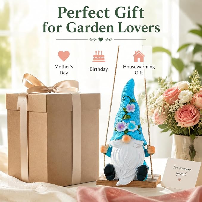 Hanging Garden Gnomes Outdoor Decor, Funny Gnome on Swing Figurine for Yard Tree, Miniature Whimsical Fairy Garden Ornament & Spring Gifts for Women, Resin Sculpture