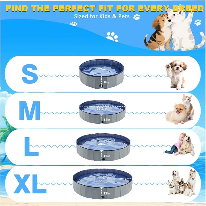 Eooqi Foldable Dog Pool, Collapsible Pet Bath Tub & Kiddie Wading Pool | Portable Hard-Side Dog Swimming Pool for Puppies, Small & Medium Dogs, Cats and Kids (Gray, 32"-S)