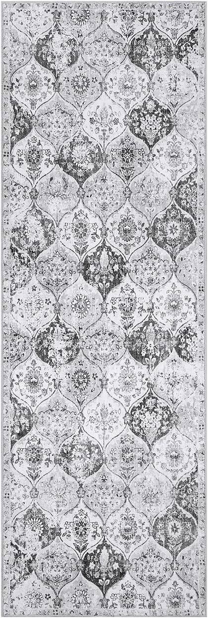 Lahome Moroccan Washable Runner Rug, 2x6 Grey Kitchen Runners for Hallways | Trellis 6 Feet Non Slip Vintage Laundry Room Rug Ultra-Thin Carpet for Bathroom Bedroom Entryway Elise, Silver Grey