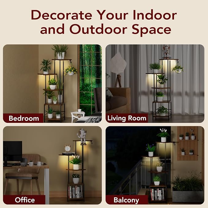 Homsorout Plant Stand Indoor with Grow Light - 5-Tier Metal Plant Shelf with Hanging Basket Hook, Corner Tall Flower Holder for Multiple Plants, Living Room Balcony Garden Patio, Rustic Brown