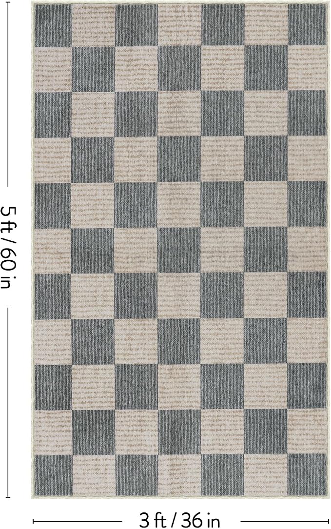 LIVEBOX 3x5 Washable Area Rug Checkered Clearance, Non-Slip Small Entryway Rug Grey Farmhouse Neutral Classic Geometric Boys Rug for Bedroom Living Room Low-Pile Carpet for Indoor Kitchen(Grey 3'x5')