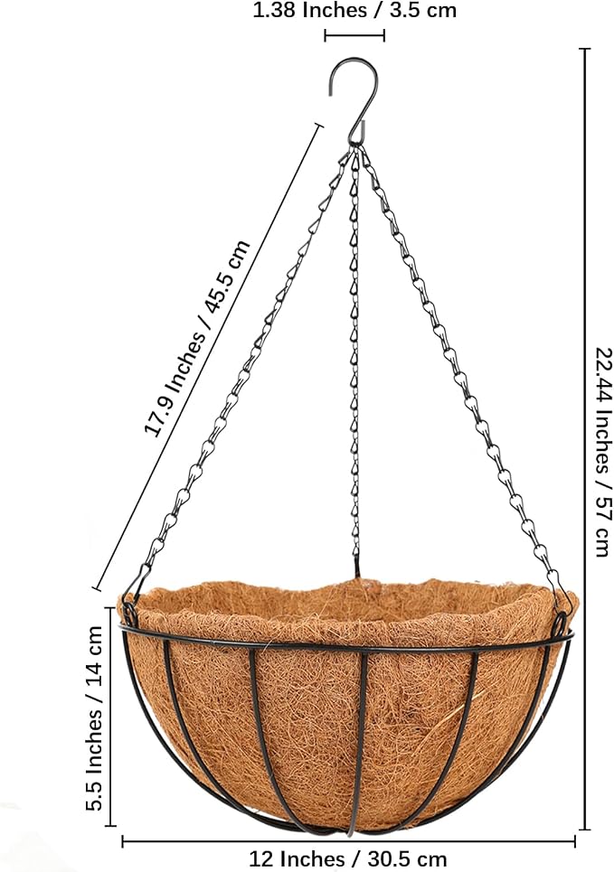 HKZ Hanging Basket Planter Plants Outdoor - 2 Pack 12 Inch Metal Hanging Planter with Coco Liners, Chain Hook Hanging Flower Pots for Indoor Outdoor Garden Porch Decoration