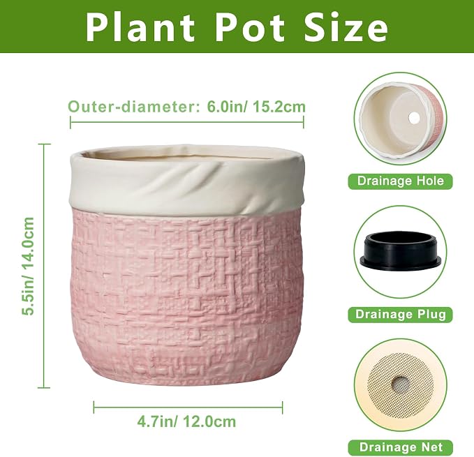 6 Inch Plant Pot - Ceramic Planter for Indoor Outdoor Plants, Round Decorative Planter with Drainage Hole and Plug, Boho Plant Pots, House Room Garden Decor, Plant Lover Gifts, Pink
