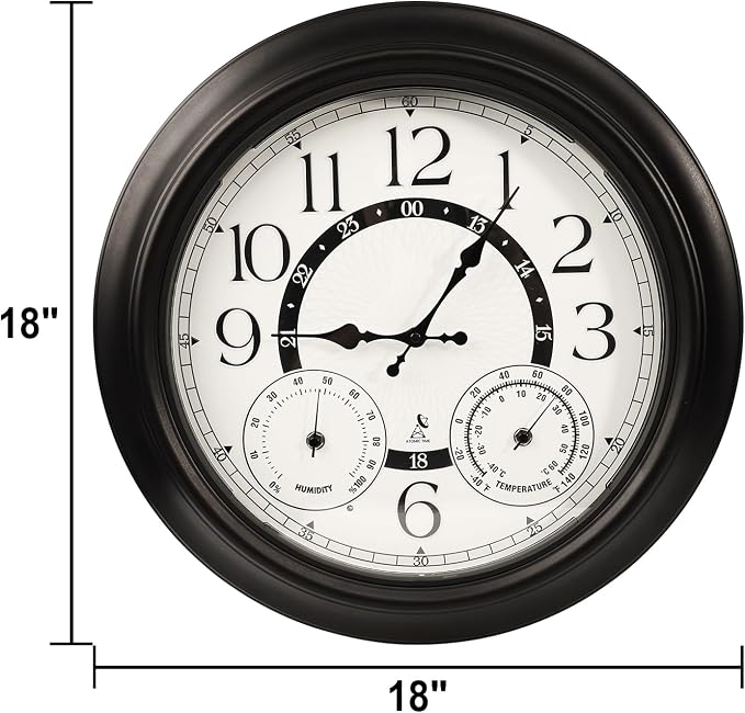 18-Inch Outdoor Wall Clock with Thermometer Hygrometer, LED Auto Light Sensor, Outdoor Clock Waterproof Large Display for Garden Patio Home Decor