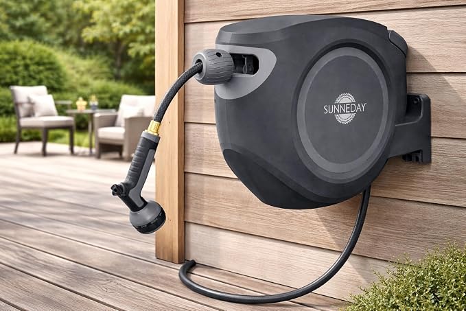 Sunneday SW-75S 75ft Retractable Hose Reel | Automatic Retractable w/Wall Mount | Easy to Assemble Reel w/Flexible Swivel Mount (75FT 1/2)