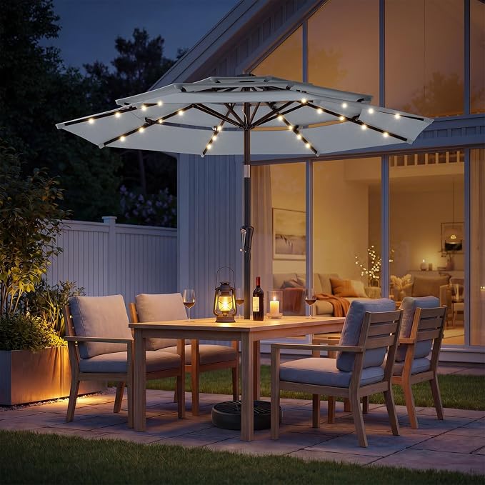 HOMSHADE 3-Tier Patio Umbrella with Solar Lights(Grey,No Base) | 5-Year Fade Resistant;32 LED Lights;Windproof;8 Thicker Ribs;UPF50+;Pool Garden Deck