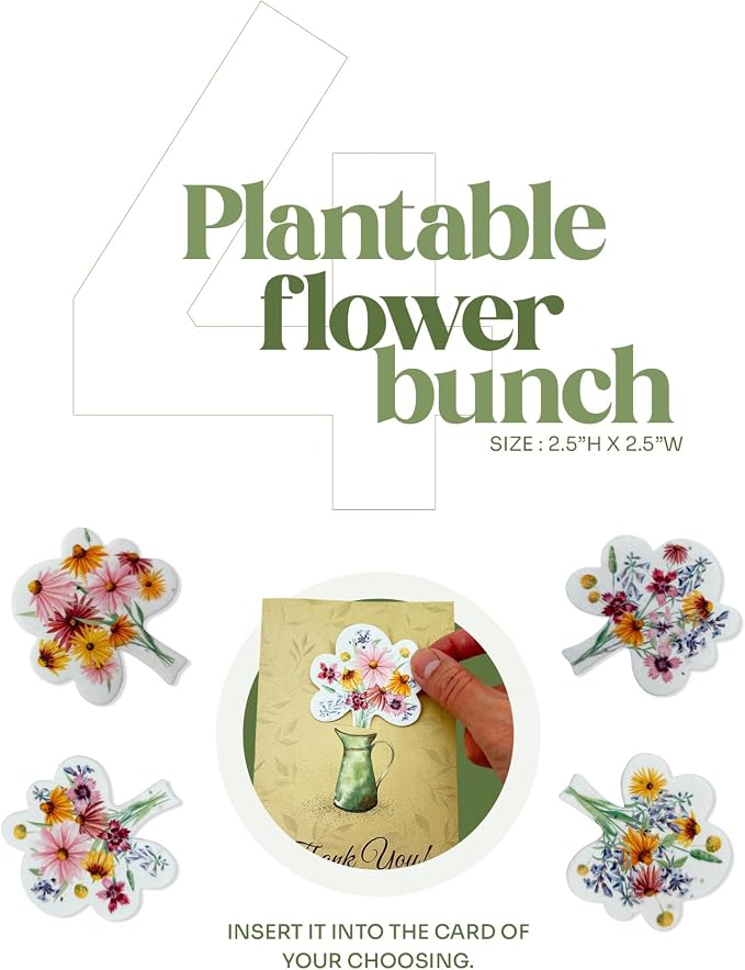 Thank You Cards – 4 Plantable Bouquet Inserts with Wildflower Seeds, 4 Greeting Cards & Envelopes for Weddings, Baby Showers, Teachers, Friends, Business, and Everyday Gratitude
