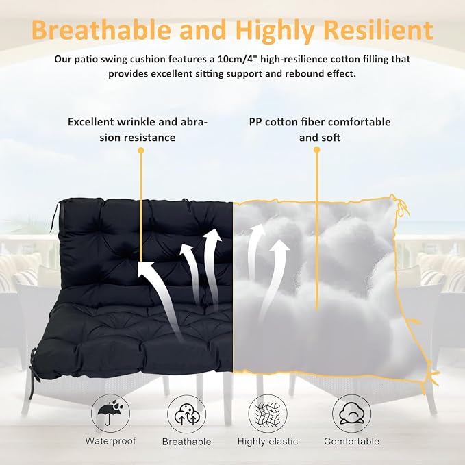Swing Replacement Cushions for Outdoor: 2-3 Seater Waterproof Porch Bench Cushion with Backrest and Ties - 4" Thick Swing Cushion for Garden Patio Backyard Loveseat