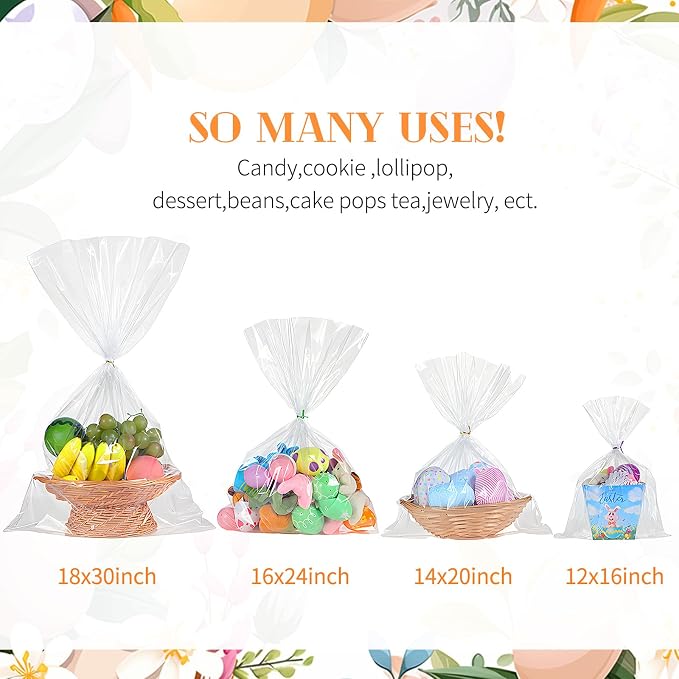 Boao 4 Sizes 200 Pieces Clear Plastic Cellophane Bags Cello Treat Bags with Mix Colors Twist Ties for Christmas Birthday Holiday (12 x 16 In, 14 x 20 In, 16 x 24 In, 18 x 30 in)
