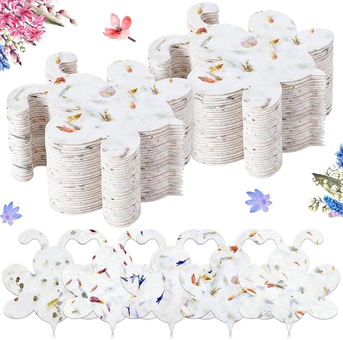 Dunzoom 50 Pcs Handmade Seed Paper Plantable Wildflower Seed Paper Recycled Flower Petals Tags Wedding Favors for Guests Craft Gifts Cards for Envelope Birthday Party, 5 Styles (Bee Shape)