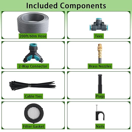 200FT 1/4" Quick-Connect Drip Irrigation System Kit, Automatic Garden Watering System with 32 Pcs Adjustable Spray Nozzles for Garden, Greenhouse, Yard, Lawn