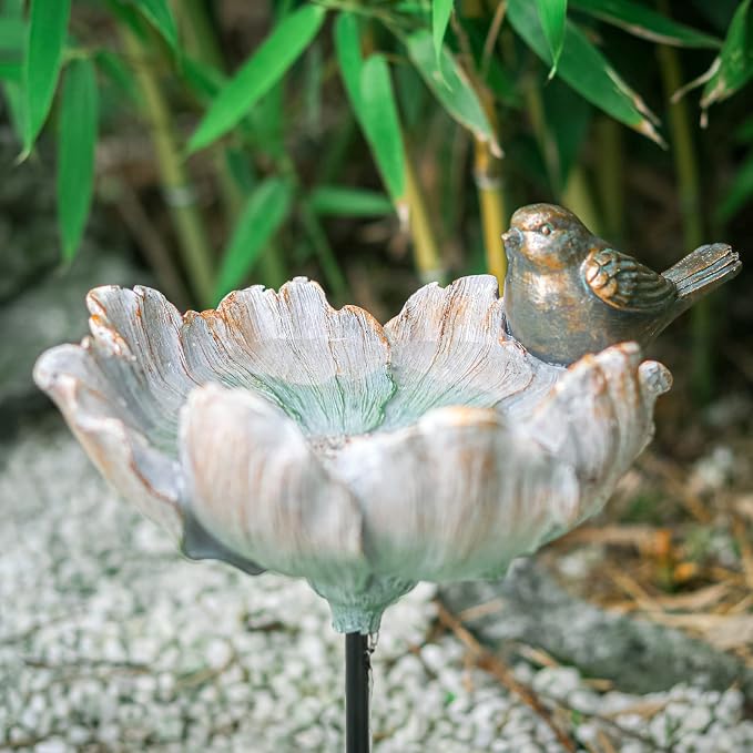 MUMTOP Outdoor Antique Bird Bath Small Flower Bird Baths Bowl Resin Birdbaths for the Garden with Metal Stake