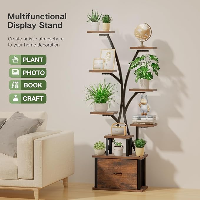 Plant Stand with Grow Light - 9 Tiered Plant Stand Indoor with Storage Drawer for Indoor Plants, 65" Tall Plant Shelf with Grow Light, Curved Corner Plant Shelf Indoor for Living Room, Patio Decor