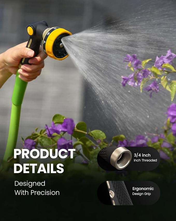 RAINPOINT Garden Hose Nozzle Heavy Duty - 100% Metal Thumb Control Spray Nozzles for Garden Hose High Pressure, 10 Patterns Water Hose Nozzle for Car Wash, Watering Lawn and Pets, Yellow2, 2 Pack