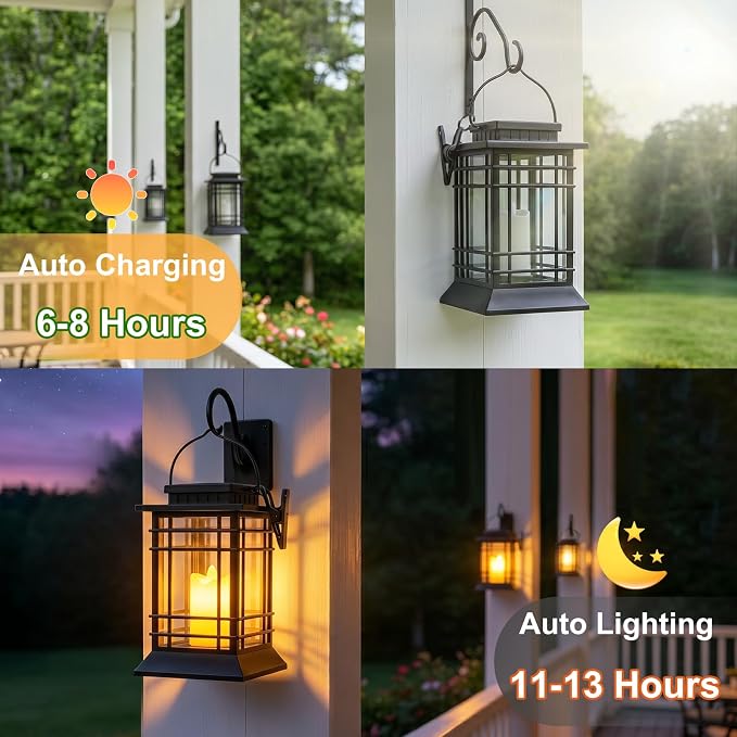 Brightever 4-Pack Solar Lanterns Outdoor Lights, Hanging Solar Lights for Outside, IP65 Waterproof LED Flickering Flameless Candle Mission Lights for Garden Yard Front Porch Path Tree Table Decor
