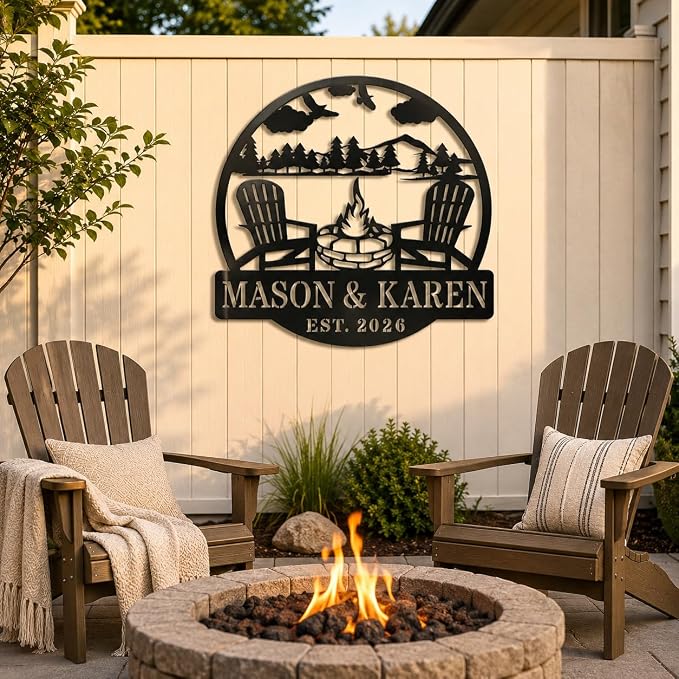 Personalized Campfire Metal Sign Custom Family Name Plaque, Mountain Cabin Wall Art for Backyard Fire Pit, Outdoor Camping Decor for RV Campsite and Nature Lovers