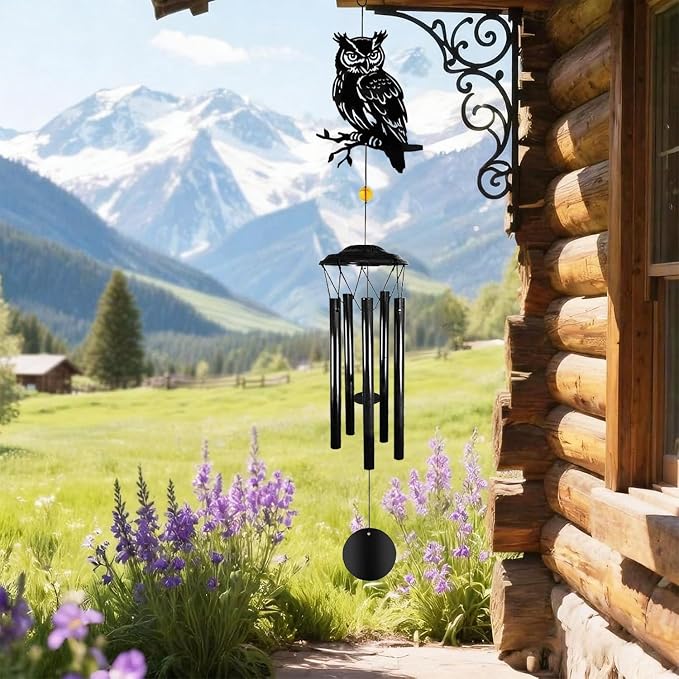 Owl Wind Chimes for Outside - Owl Windchimes Outdoors, Black Metal Memorial Wind Chime for Home, Patio, Balcony Decor, for Mom Dad Family Friend, Gifts for Mother's Day, Housewarming, Retirement