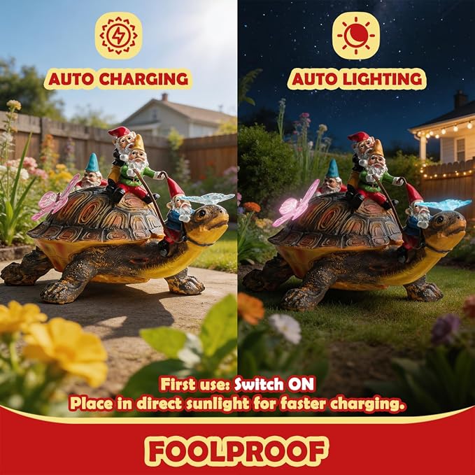 Sunthus Funny Garden Gnome with Solar Light Yard Art Resin Figurine Décor | Turtle Statue For Outdoor Garden Decorations