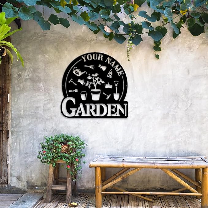 MeMate Garden Metal Signs, Garden Sign to Personalize, Personalized Metal Outdoor Decor, Custom Name Plaque for Women Mom Grandma, Rustic Decorations for She Shed, Potting Shed