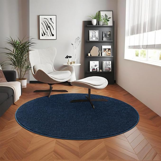 5' Navy Blue Round Area Rug Modern Solid | Washable Memory Foam, Low Pile Non Slip Indoor Carpet for Living Room Bedroom Office Classroom College Dorm Room Home Decor