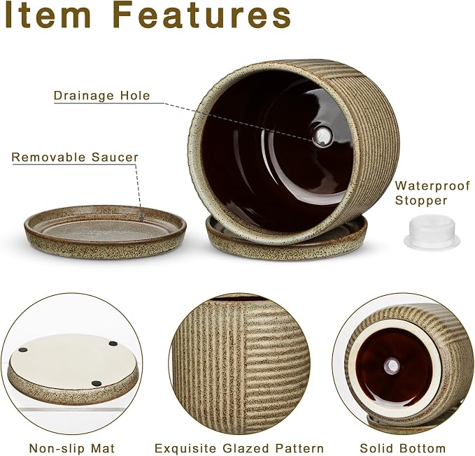Oairse Ceramic Pots for Indoor Plants, 6.1 +4.9 inch Pots for Plants Set of 2 Brown Plant Pots with Drainage Holes and Saucers Texture Ceramic Planters Indoor Outdoor Flower Pot for Succulent