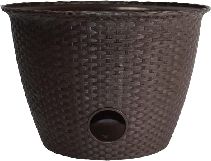 The HC Companies Woven Garden Hose Holder - Lightweight Plastic Decorative Water Hose Holder w/100-Foot Capacity - Garden Hose Pots for Outside (18”, Chocolate, Pack of 1)