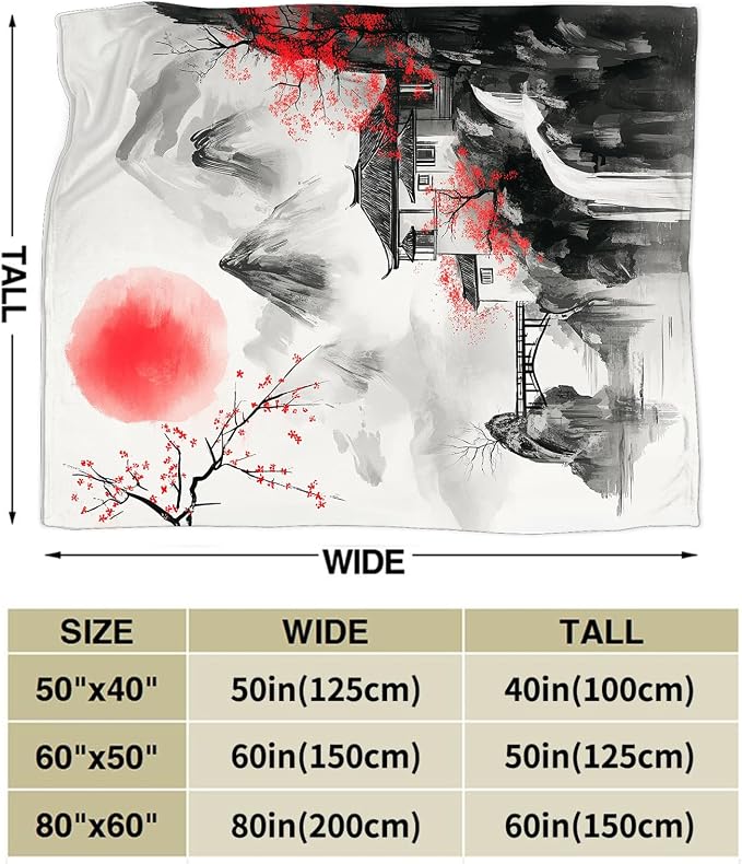 Japanese Throw Blanket Splash Red Cherry Blossom Gifts for Girls Women Men Boys Plush Cozy Flannel Fleece Fuzzy Landscape Blankets 80"X60"
