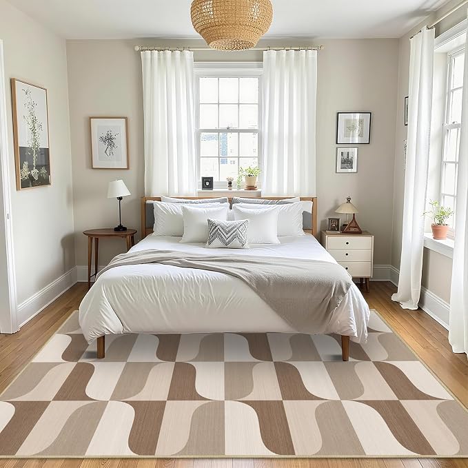 Area Rug 5x7 Modern Geometric Rug Neutral Beige Brown Abstract Mid Century Modern Rugs for Living Room Machine Washable Non-Slip Printed Low Pile Indoor Carpet for Bedroom Dining Room Office