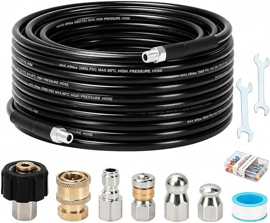 Sewer Jetter Kit for Pressure Washer, 50FT Drain Cleaning Hose with Corner Rotating and Button Nose Nozzles, 1/4" NPT Sewer Jet Nozzle Set with Spanner, Tape, Pins, 5800 PSI