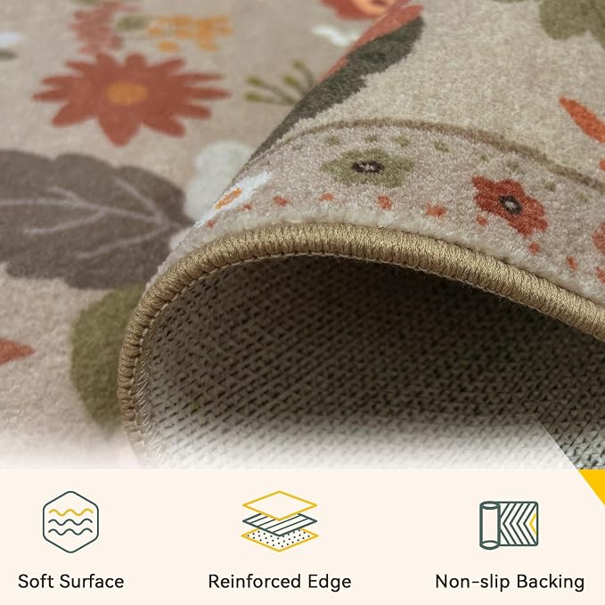 RELEANY Floral Washable 3x5 Area Rugs Brown/Brick | Flower Carpet, Print, Boho, Non-Slip, Easy to Clean, Soft, Low Pile for Living Room Bedroom Kitchen Office Entryway Hallway