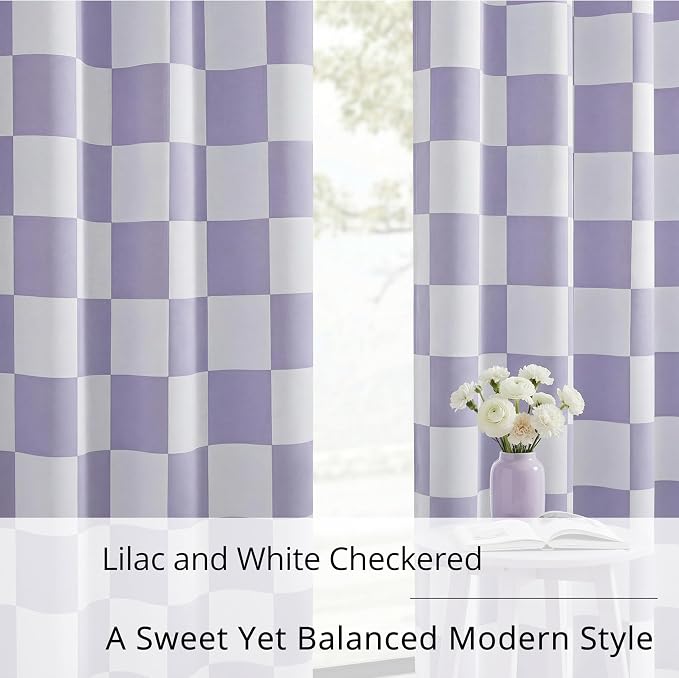 100% Blackout Checkered Curtains – 2 Panels, Each W52×L63, Thermal Insulated, Nosie Reducing for Bedroom, Modern Lilac and White Checkerboard Design for Girl's Room